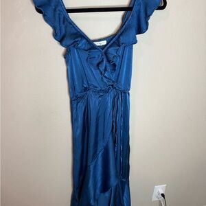 Socialite Blue Satin Ruffle Midi Wrap Dress Size S